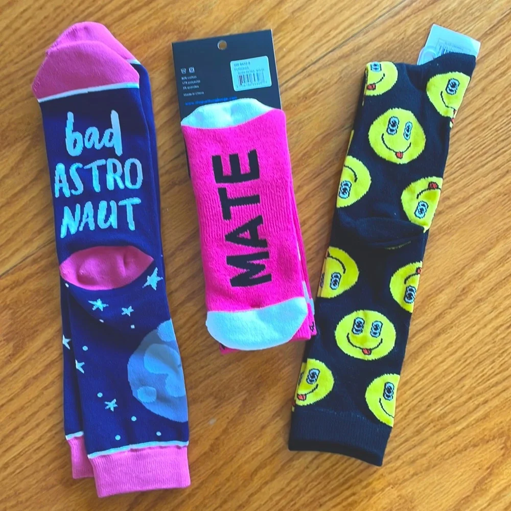 NEW Crazy socks- 3 pair - Smiley Face, Bad Astronaut, Sole Mate